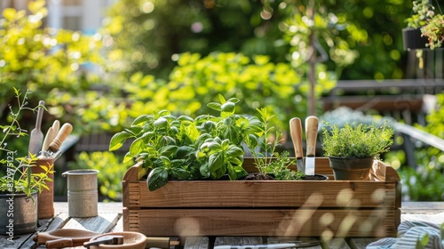 Close up of a box of different herbs and tools on garden table photo