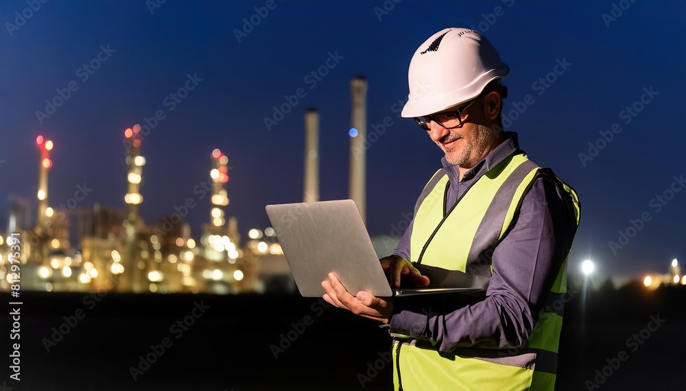 Engineer in safety gear using laptop at night with illuminated factory in background, concept of industry work Engineer in safety gear using laptop at night with illuminated factory in background, concept of industry work