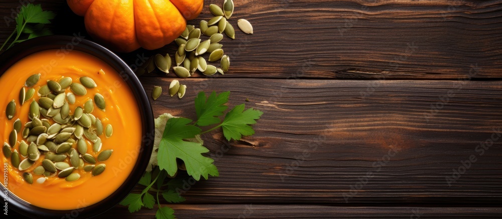 Top view of a vegan copy space image featuring a bowl of pumpkin soup garnished with parsley and pumpkin seeds a perfect dish for Halloween or Thanksgiving day Top view of a vegan copy space image featuring a bowl of pumpkin soup garnished with parsley and pumpkin seeds a perfect dish for Halloween or Thanksgiving day