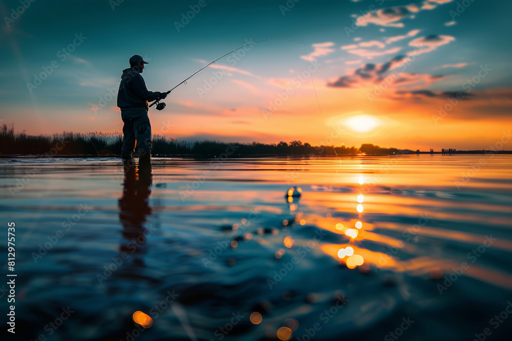 Silhouette of a fisherman at sunset, casting a long line into the glowing water Silhouette of a fisherman at sunset, casting a long line into the glowing water