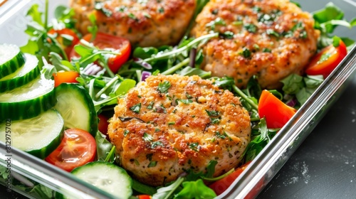Turkey cutlets with a herb crust and a fresh side dish of salad - all this in a glass dish for cooking. © lastfurianec
