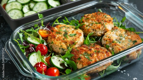Turkey cutlets with a herb crust and a fresh side dish of salad - all this in a glass dish for cooking. © lastfurianec
