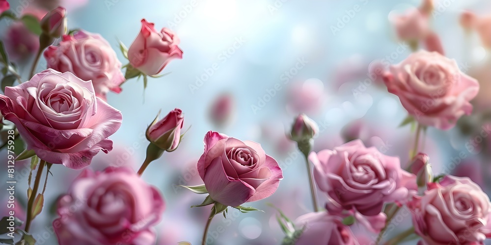 Various pink roses and buds floating against a blue sky backdrop. Concept Floral Art, Nature Photography, Flower Arrangement, Creative Composition, Color Contrast