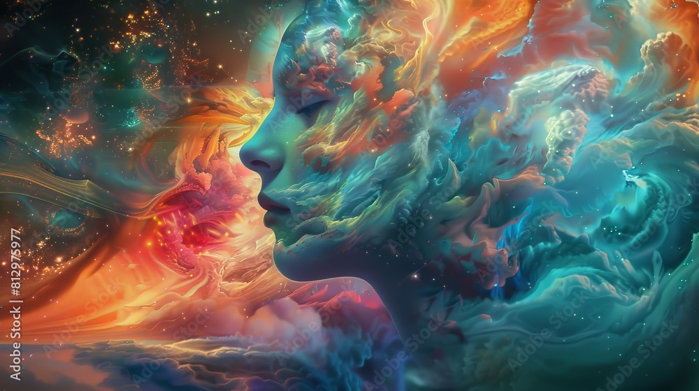 A woman's face is shown in a colorful, abstract space with clouds and stars