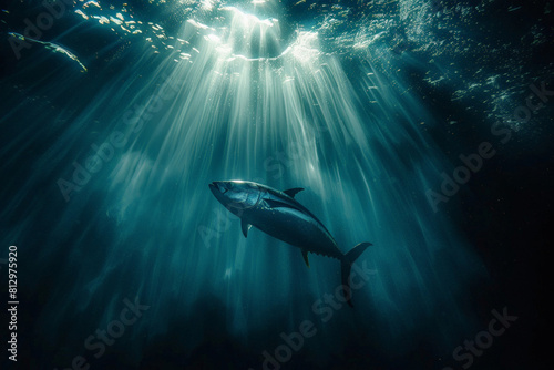 Silhouette of a tuna fish outlined against the sunlight penetrating the ocean surface  ethereal and mysterious 