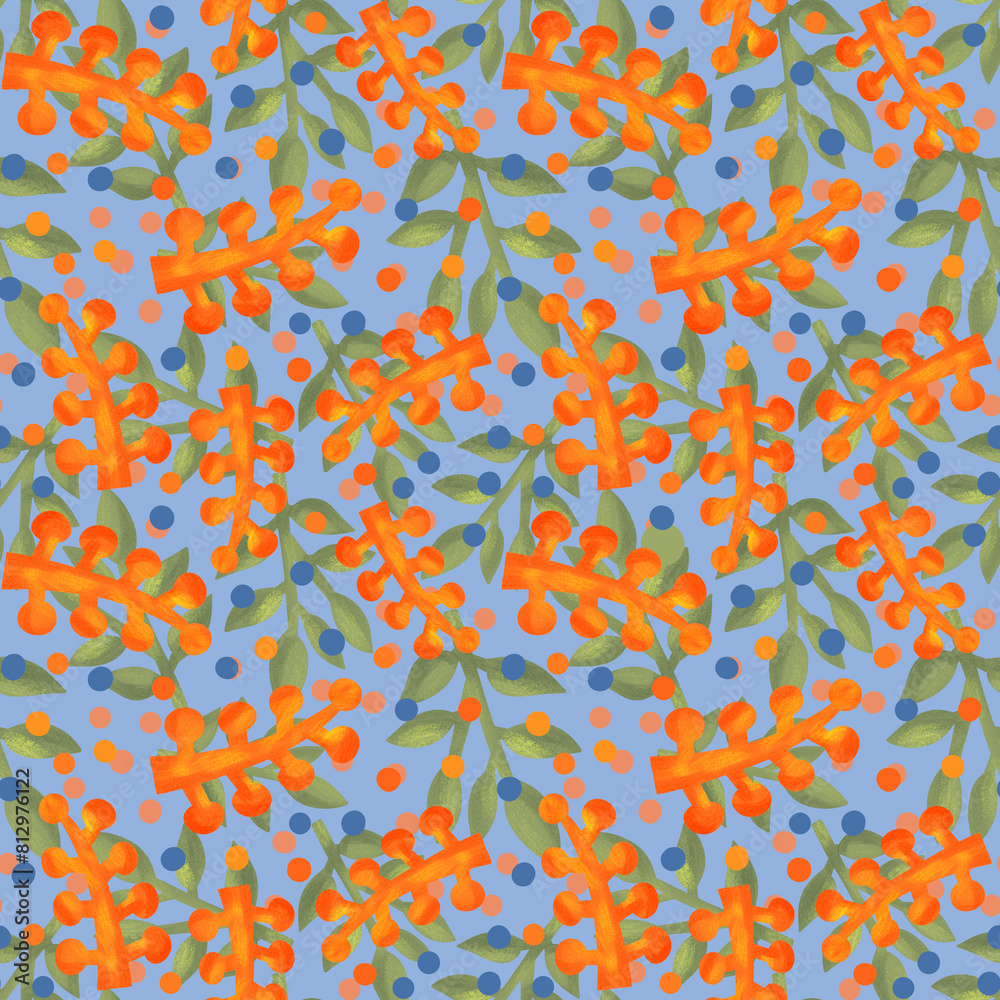 Seamless pattern in retro style with orange abstract berries on a purple background. Seamless pattern in retro style with orange abstract berries on a purple background.