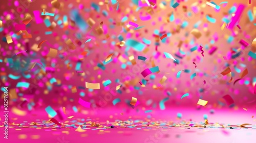 Confetti falling on a pink background, creating a vibrant and celebratory atmosphere