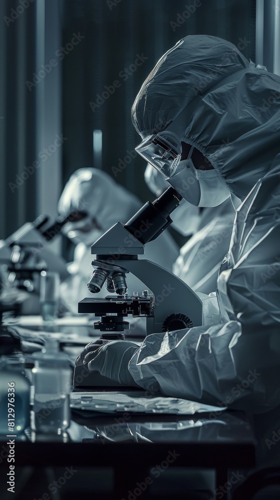 A man in a lab coat is looking through a microscope A man in a lab coat is looking through a microscope