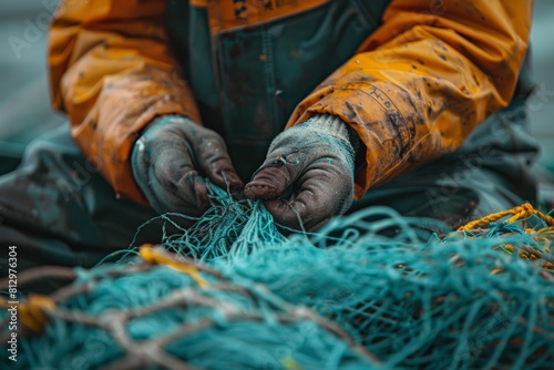 Fishermen mending their nets on shore, Detailed view hands working tirelessly on sea nets, blue threads crisscrossed with experience and labor. Gloves worn with effort cradle tools life on the waves.