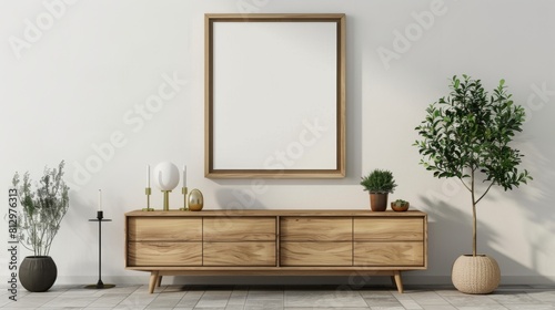 blank poster frame mockup on white wall living room with wooden sideboard with small green plant