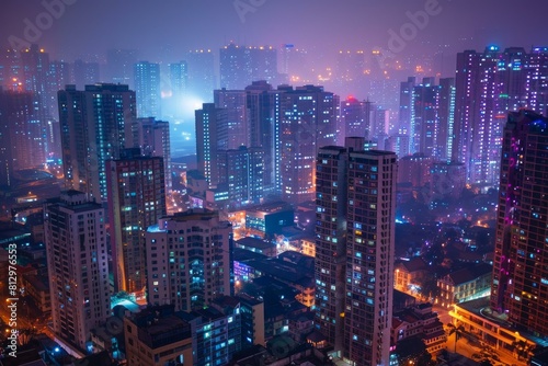 Wallpaper Mural Breathtaking and mystical cityscape at twilight with urban skyline. Misty haze. Glowing skyscrapers. Vibrant neon lights. And a dense. Atmospheric evening atmosphere Torontodigital.ca