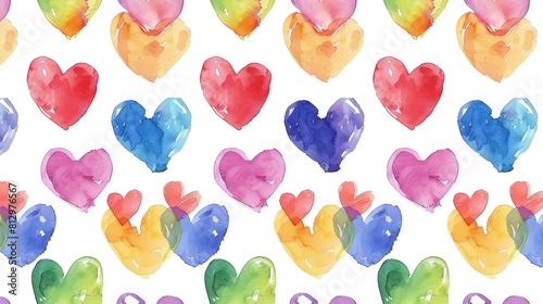 Cute simple childish seamless pattern with hand drawn watercolor rainbow colors hearts on white backdrop