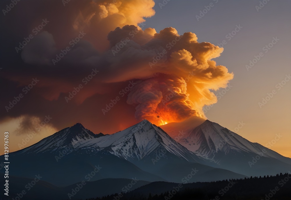 a mountain that breathes fire at sunset, generative AI