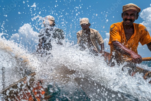 The cultural rituals of fishermen  Men in traditional attire  vigorously rowing a wooden boat  splashed by vibrant ocean spray against a sunny blue sky backdrop.