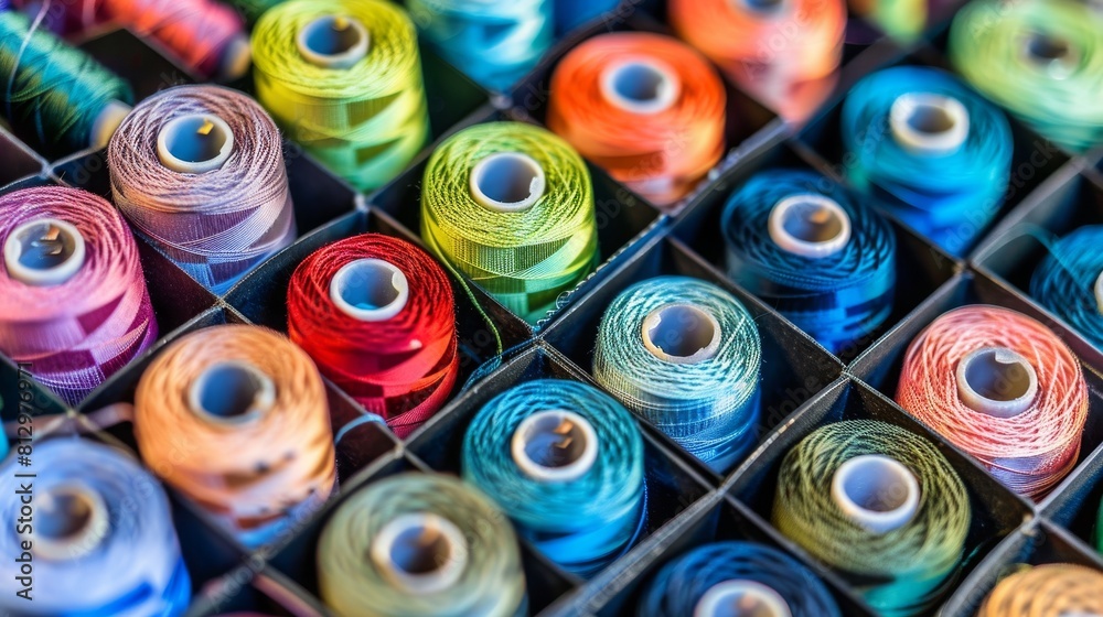 Colorful Thread Spools and Bobbins in Sewing Bin, Craft Room View Colorful Thread Spools and Bobbins in Sewing Bin, Craft Room View