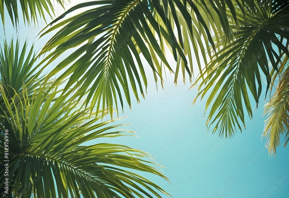 Obraz premium summer season theme with leafs of palm trees covered with shiny sun at beach behind Beach and Sea season theme