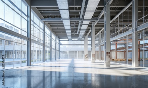 Modern empty indoor construction site office building in sunlight. industrial development  under construction
