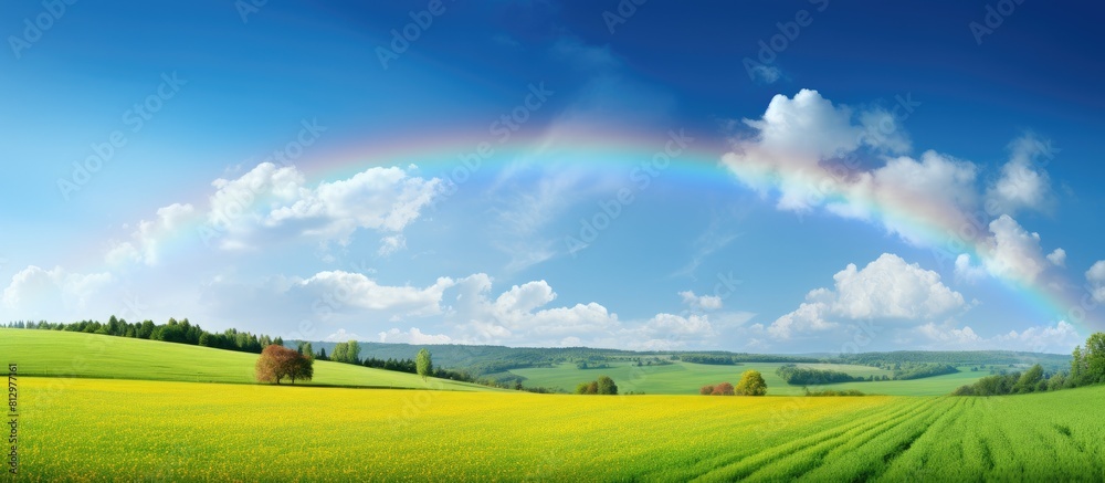 A picturesque countryside scene with a rainbow stretching across a rural field meadow The image depicts an agricultural landscape evoking a sense of the weather forecast concept Copy space image 156