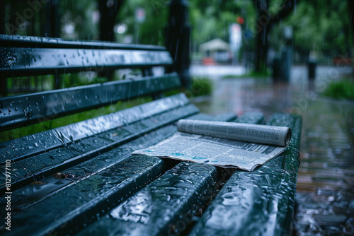 Soggy newspaper lying on a rain-drenched bench, symbol of a day interrupted by unexpected rainfall  photo