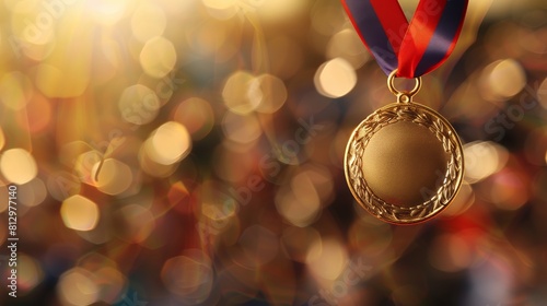 Prestige in Focus: Close-Up of a Gleaming Gold Medal Against a Cheering Crowd