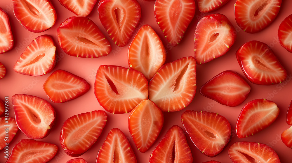 An intricate pattern of halved strawberries arranged in a symmetrical design, with each half strategically placed to form a symmetrical shape, strawberries, hd, with copy space
