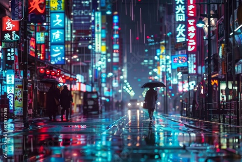 Person with an umbrella walks on a wet city street  with vibrant neon signs reflected on the ground