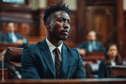 A documentary-style capture of a determined African American lawyer presenting evidence in a courtroom, Courtroom scene, individual in sharp suit, contemplative expression.