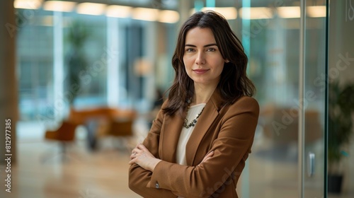 Portrait of successful business woman inside office, standing with arms crossed, wearing brown blazer