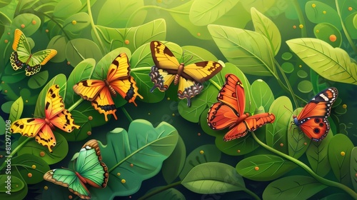 A group of butterflies are sitting on a leafy green bush