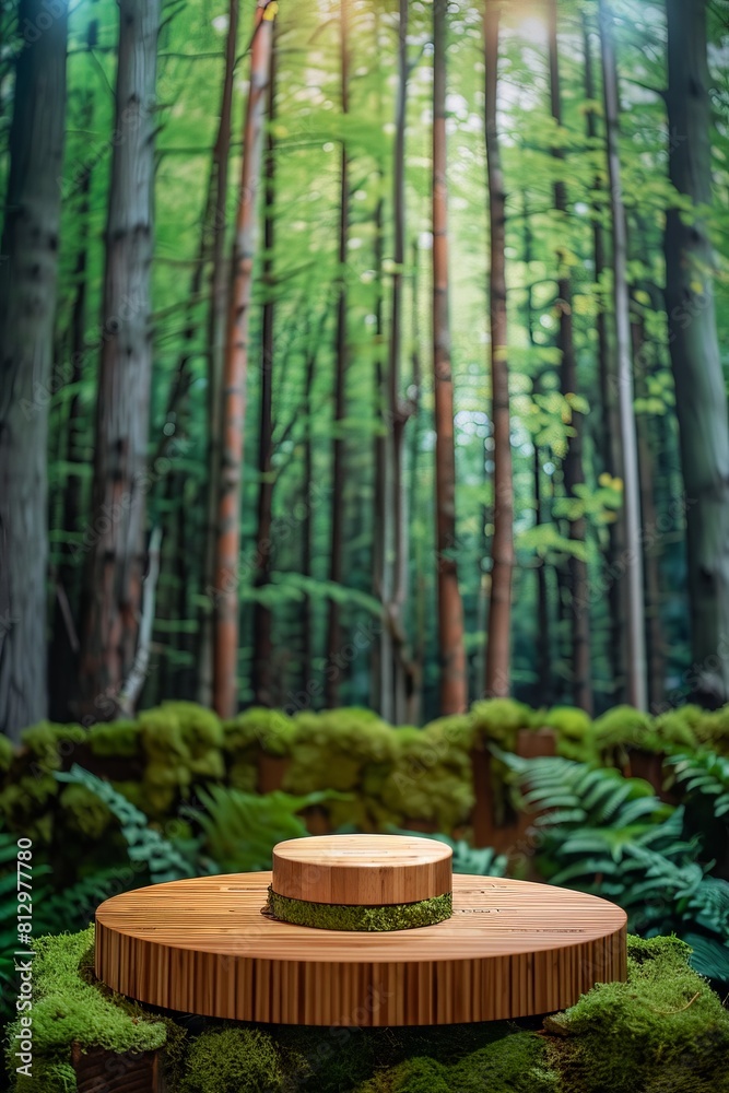 A sophisticated product podium set against a lush forest backdrop, featuring natural wood and green moss accents for an eco-friendly display, A sophisticated product podium set against a lush forest backdrop, featuring natural wood and green moss accents for an eco-friendly display,