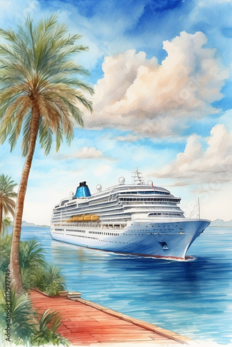 Travel cruise ship Watercolor Wall art. Advertising signs. Product design. Product sales. Fabric design, Digital printing, Prints Room Decoration.
