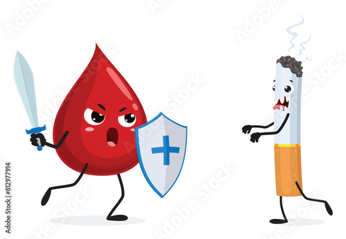 Angry red blood drop cartoon fight against bad cigarette