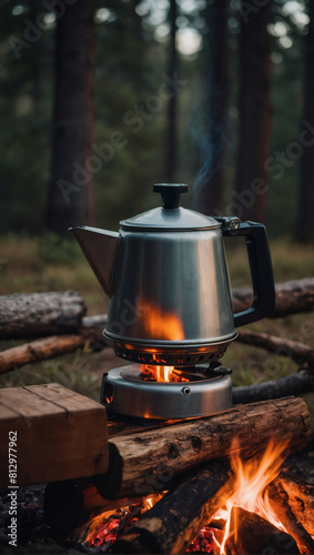 Vintage Camping Vibes, Coffee Pot Perched on Campfire, Illuminating the Evening.