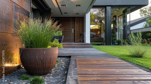 stylish suburban home entrance featuring a pot of grass and a wooden path in front of the front door