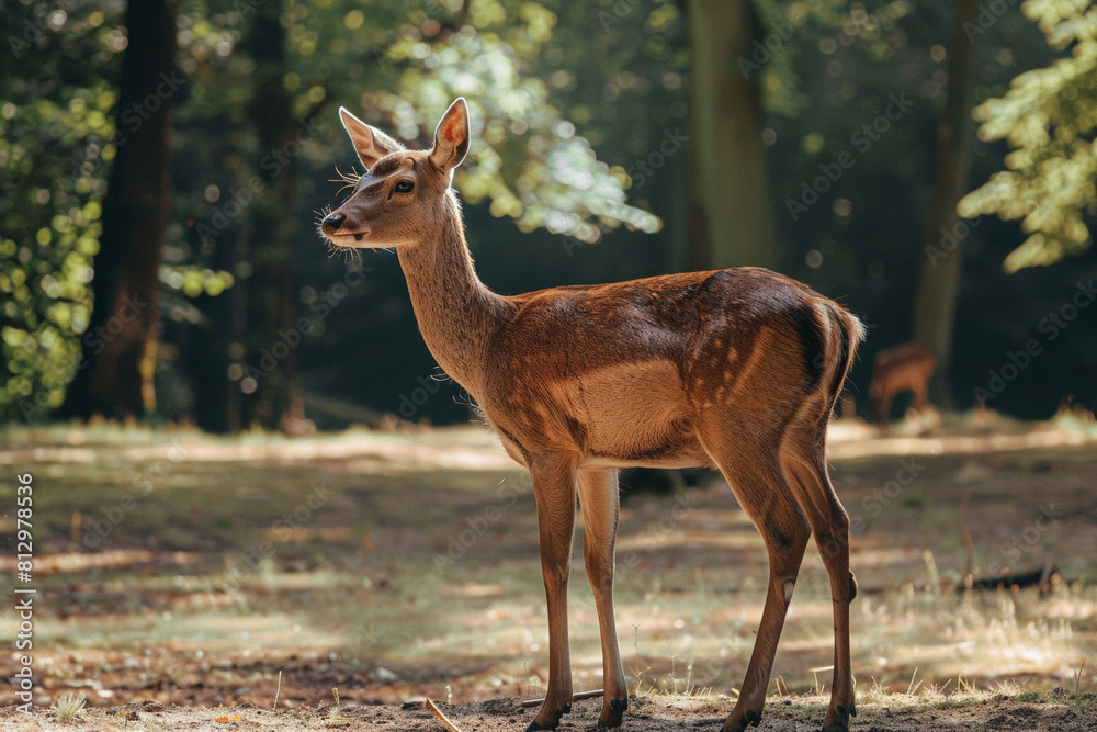 A deer in a forest clearing looking stressed A deer in a forest clearing looking stressed