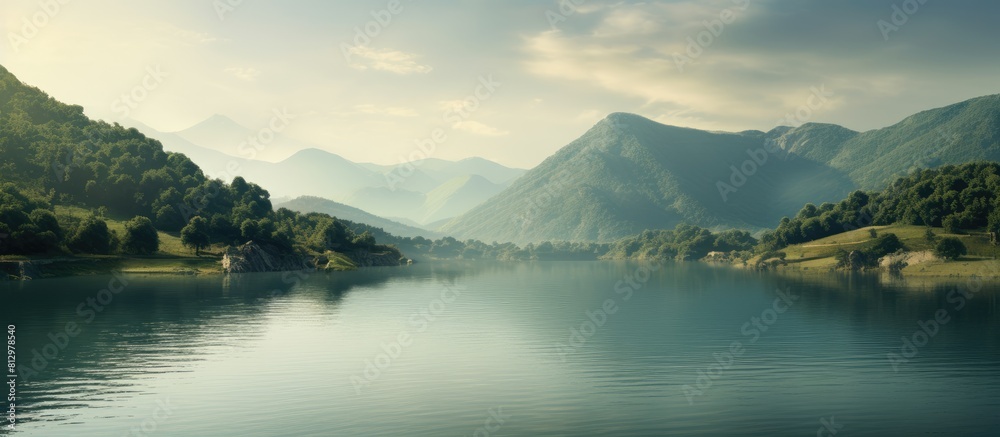 Mountainous landscape with a serene body of water offering a tranquil ambiance and a picturesque copy space image