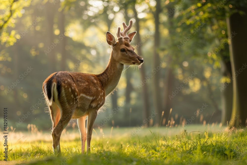 A deer in a forest clearing looking stressed A deer in a forest clearing looking stressed