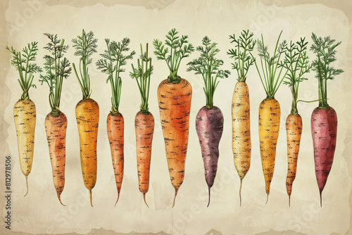 Vintage style illustration of various types of carrots, detailed botanical art on a beige background 
