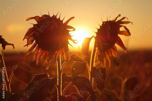 Wilted sunflowers facing the setting sun after a day of harsh sunlight, symbolic of endurance  photo