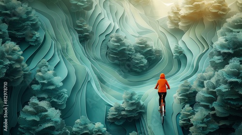 Create an abstract landscape with a cyclist riding through it