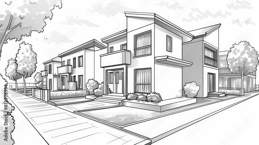 Future housing project flat design side view development theme cartoon drawing black and white,