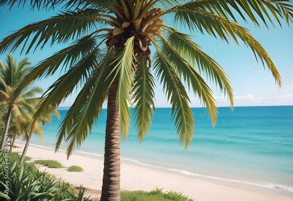 Fototapeta premium summer season theme with leafs of palm trees covered with shiny sun at beach behind Beach and Sea season theme