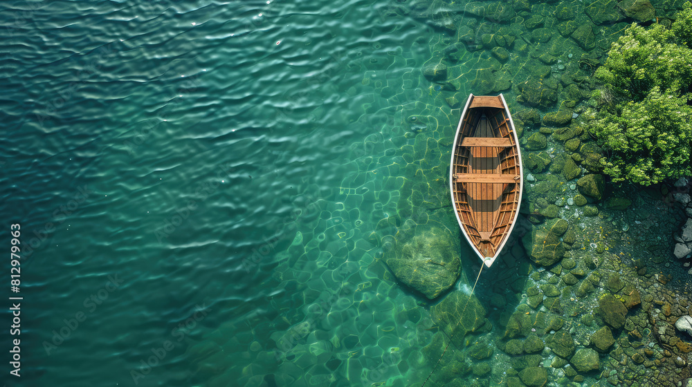 top view of a small wooden boat in lake top view of a small wooden boat in lake