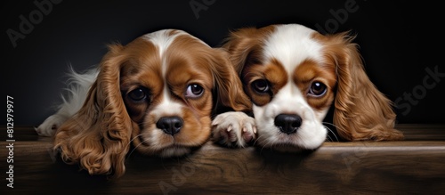 Two cavalier King Charles spaniel puppies rest together on a dark surface capturing their distinct personalities as one locks eyes with the camera and the other gazes elsewhere A copy space image rad photo