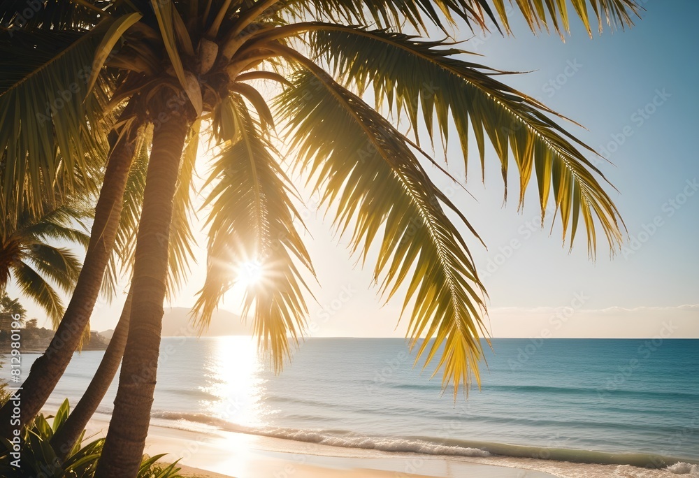 Naklejka premium summer season theme with leafs of palm trees covered with shiny sun at beach behind Beach and Sea season theme