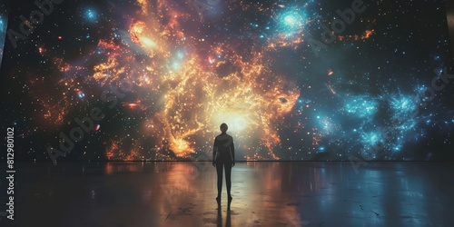 A person standing in a dark room, looking at a large picture of outer space. The image of space is a hologram, glowing with stars, galaxies, and nebulae. The person is in awe © Sergey