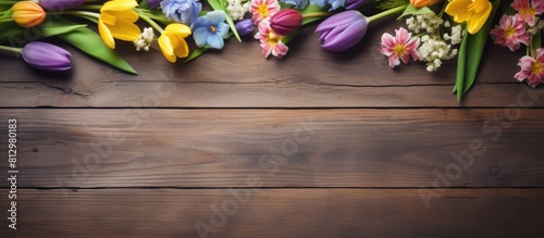 Fresh spring flowers decoration on a wooden desk with ample copy space image