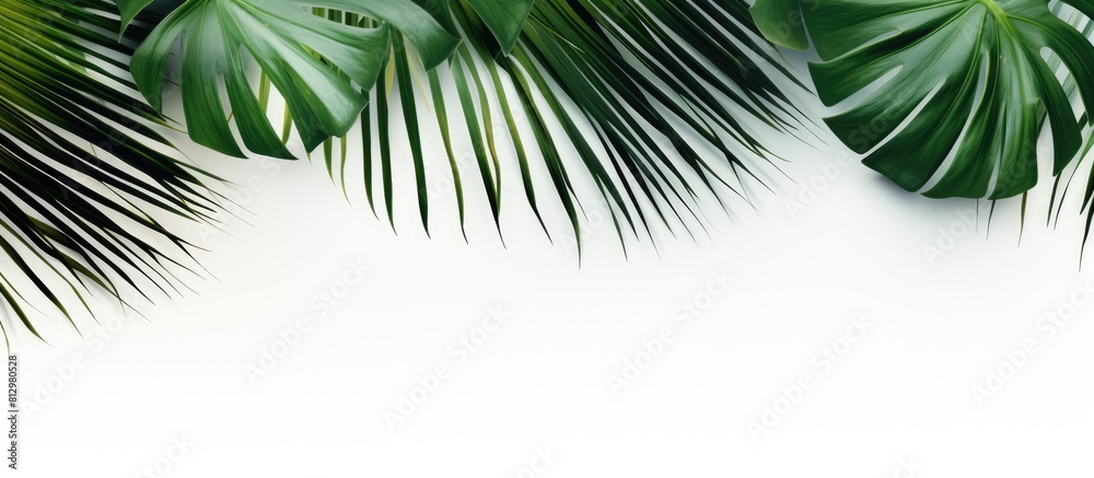 Fototapeta premium A summer themed image featuring tropical palm leaves against a white background arranged in a flat lay style with a top down perspective and ample copy space