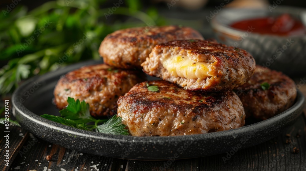 Minced meat cutlets with cheese inside.