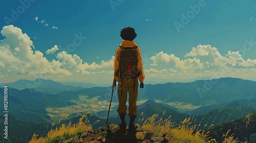 The Unburdened Traveler A silhouette of a person standing on a mountain peak, overlooking a vast landscape photo